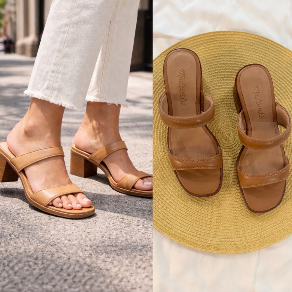 Madewell Leather Double Strap Block Heel Sandals, Saige Brown, Women’s Size 5